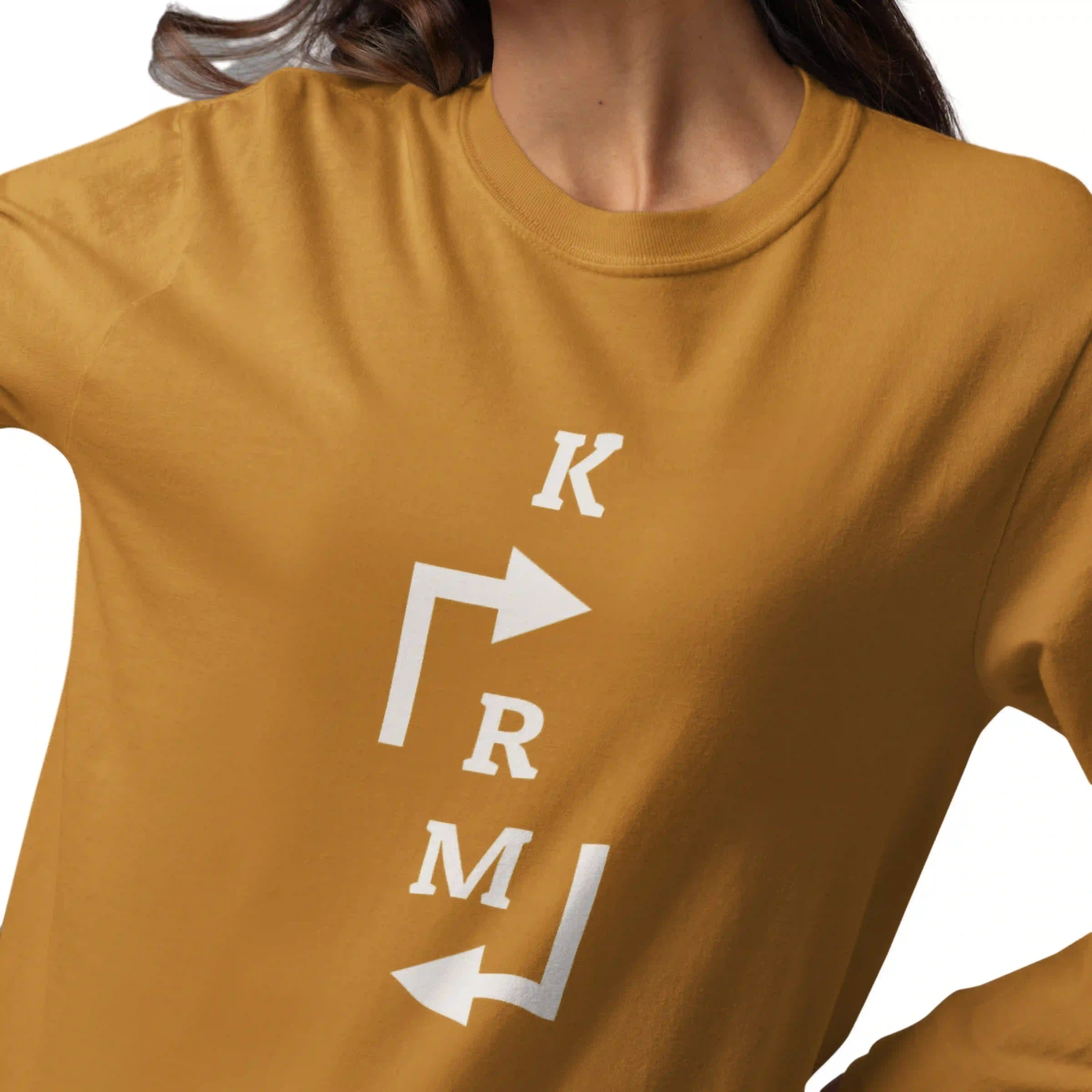 Mustard yellow t-shirt with white text and arrows on a white background
