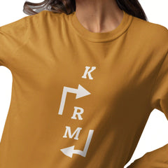 Mustard yellow t-shirt with white text and arrows on a white background