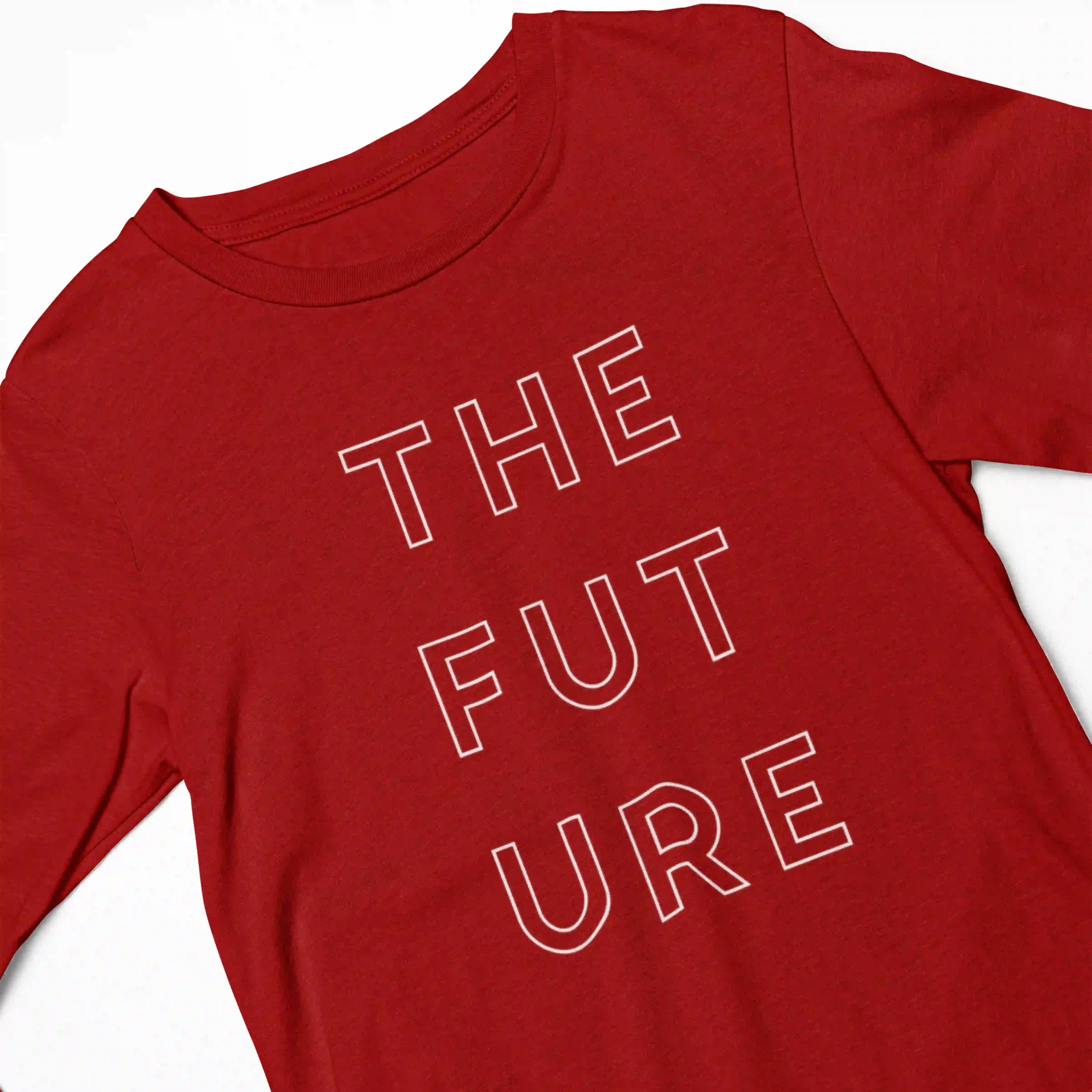 Red long-sleeve shirt with 'THE FUTURE' text on a white background