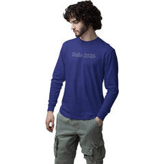 Man wearing a blue long-sleeve shirt with 'Hello 2026' text on a white background