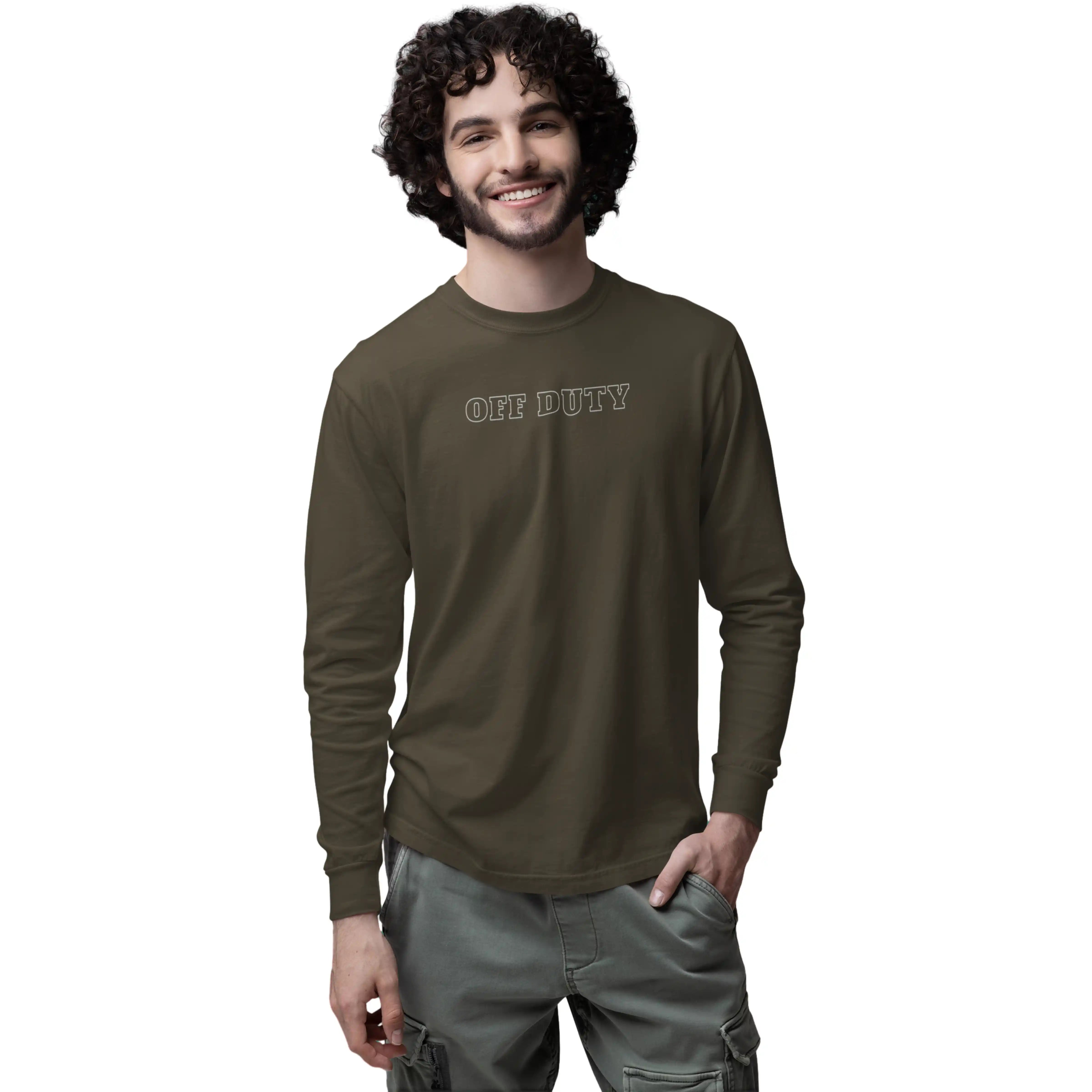 Man wearing a green 'OFF DUTY' shirt on a white background