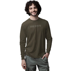 Man wearing a green 'OFF DUTY' shirt on a white background