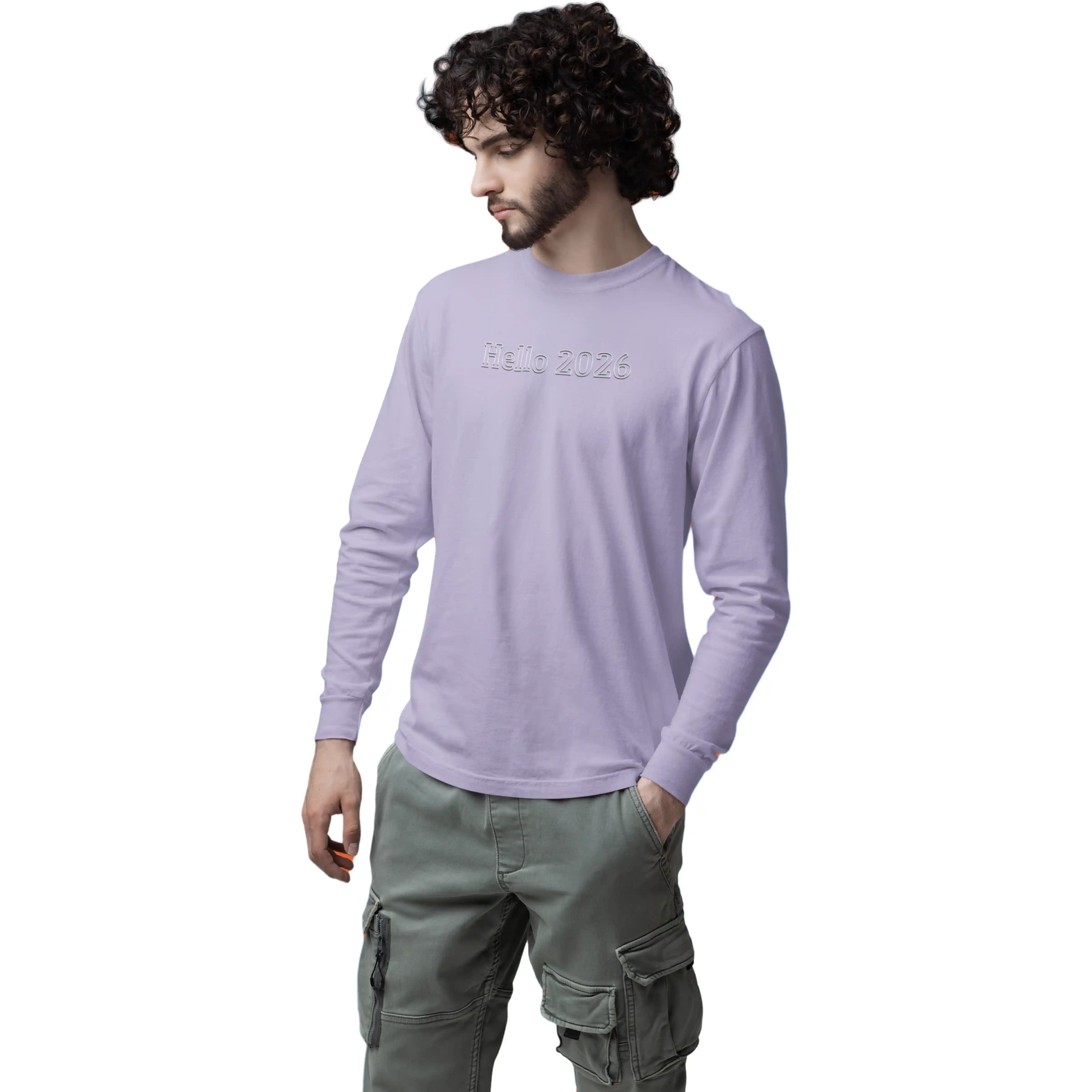 Man wearing a light purple long-sleeve shirt and green cargo pants on a white background
