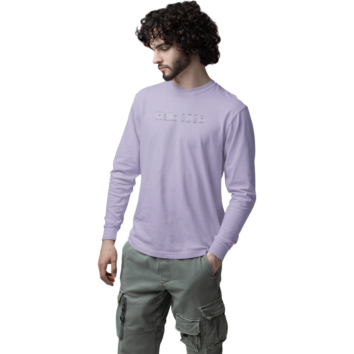 Man wearing a light purple long-sleeve shirt and green cargo pants on a white background