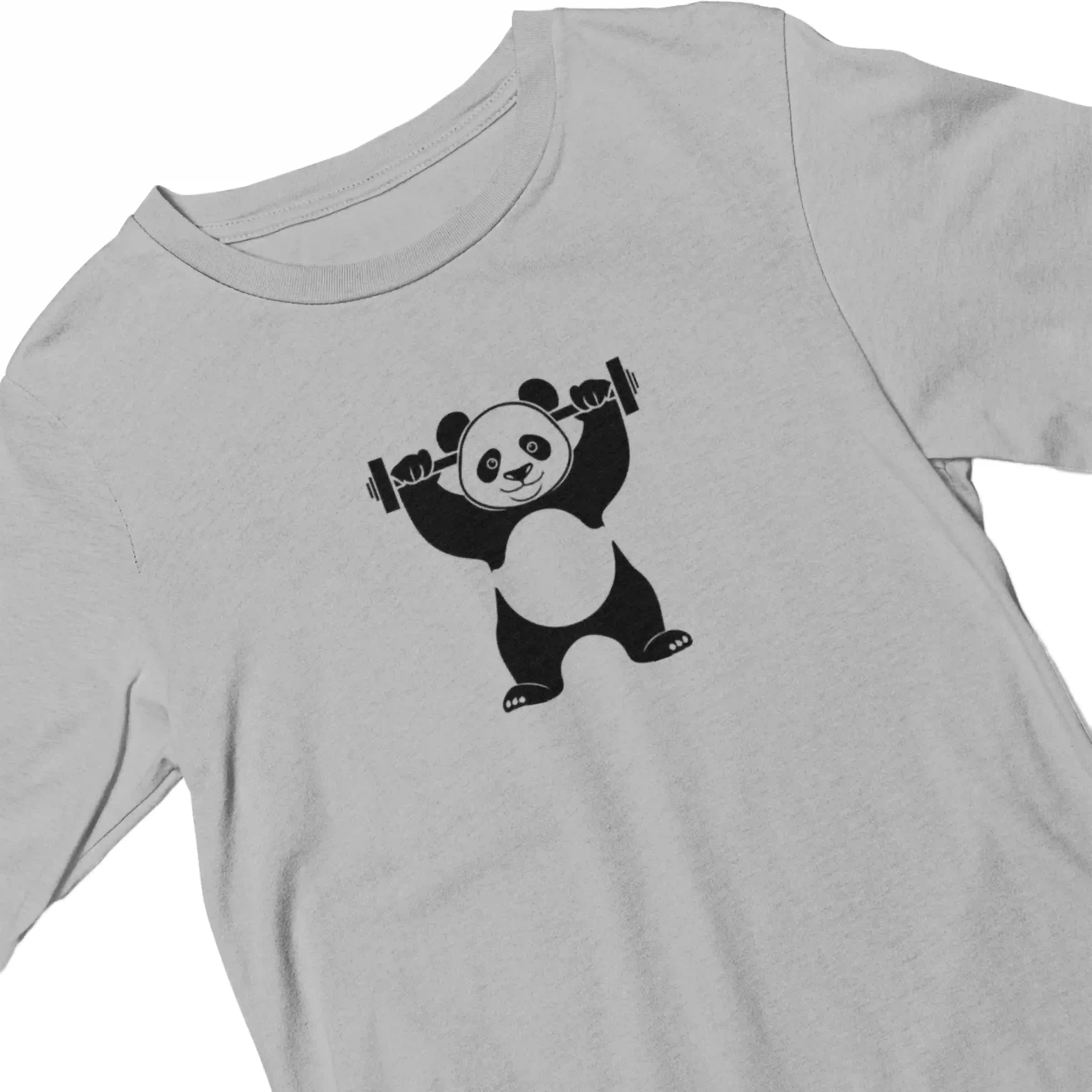 Gray t-shirt with a panda lifting weights graphic on a white background
