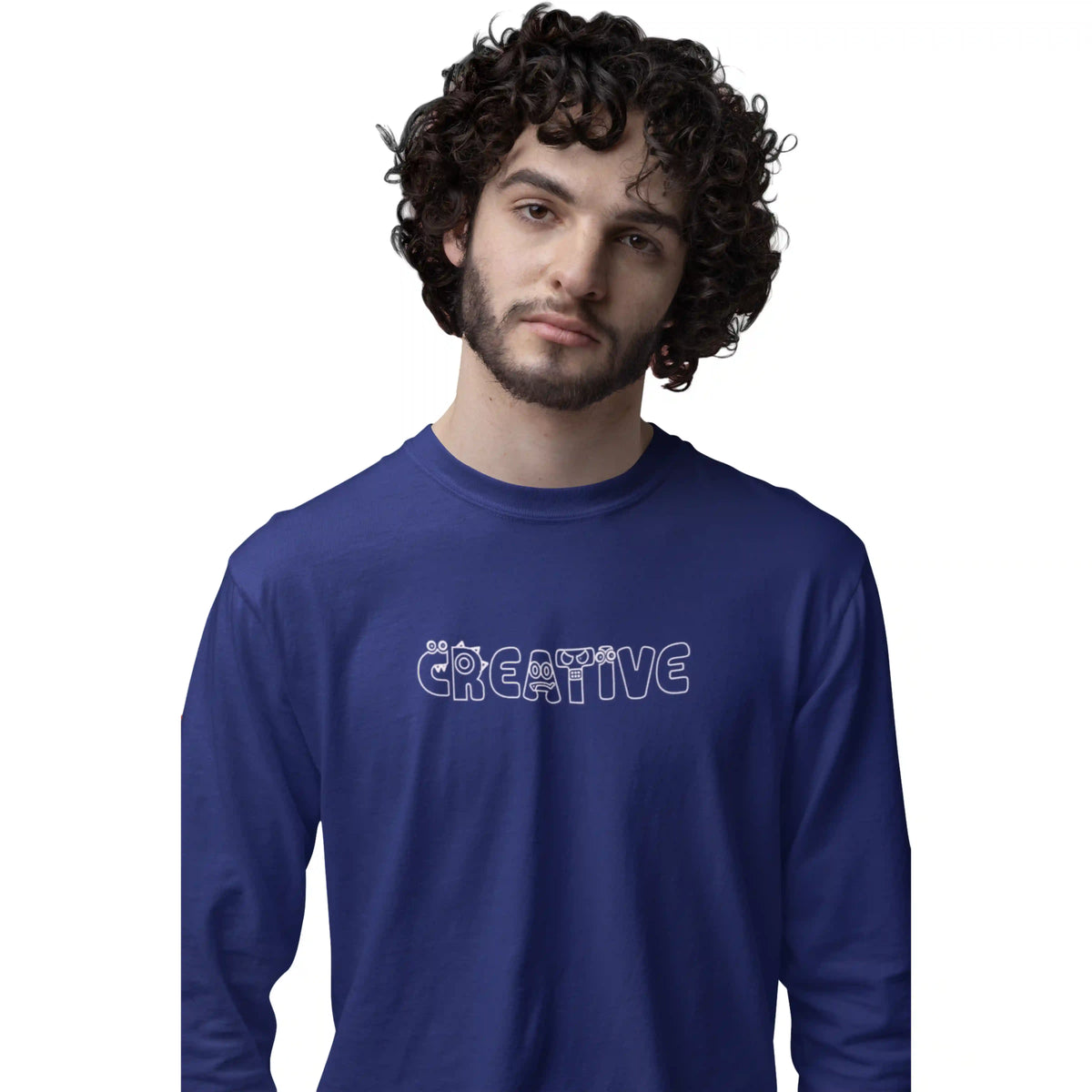 Man wearing a blue long-sleeve shirt with 'CREATIVE' text on a white background