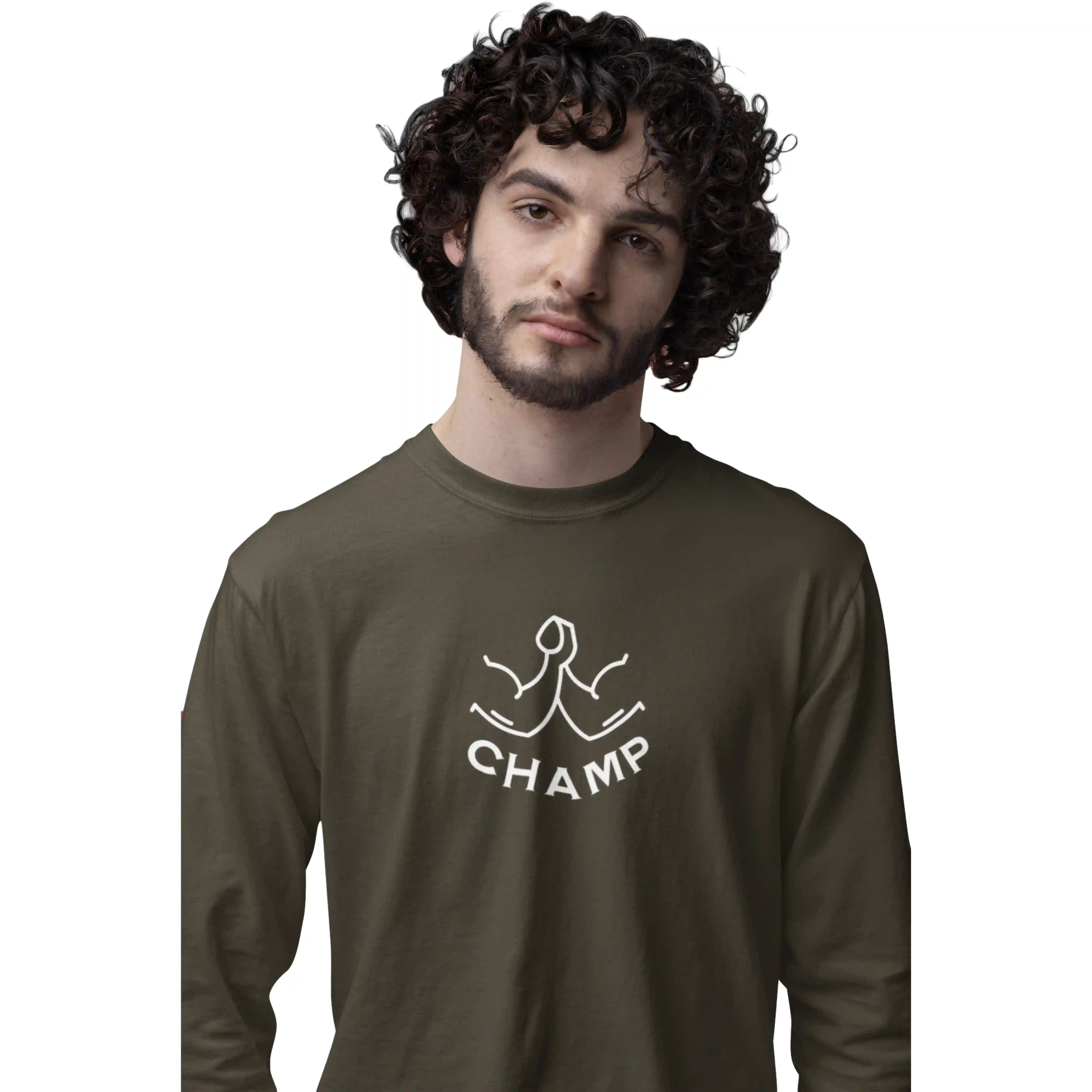 Man wearing a green long-sleeve shirt with 'CHAMP' logo on a white background