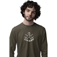 Man wearing a green long-sleeve shirt with 'CHAMP' logo on a white background