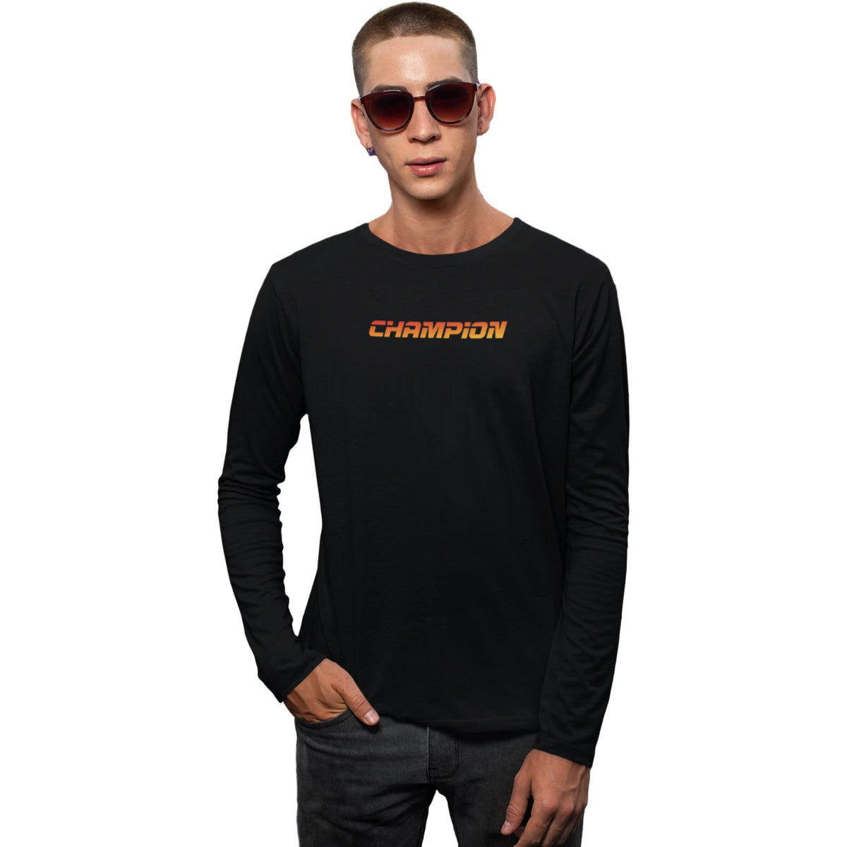 Man wearing a black long-sleeve shirt with 'Champion' logo on a white background