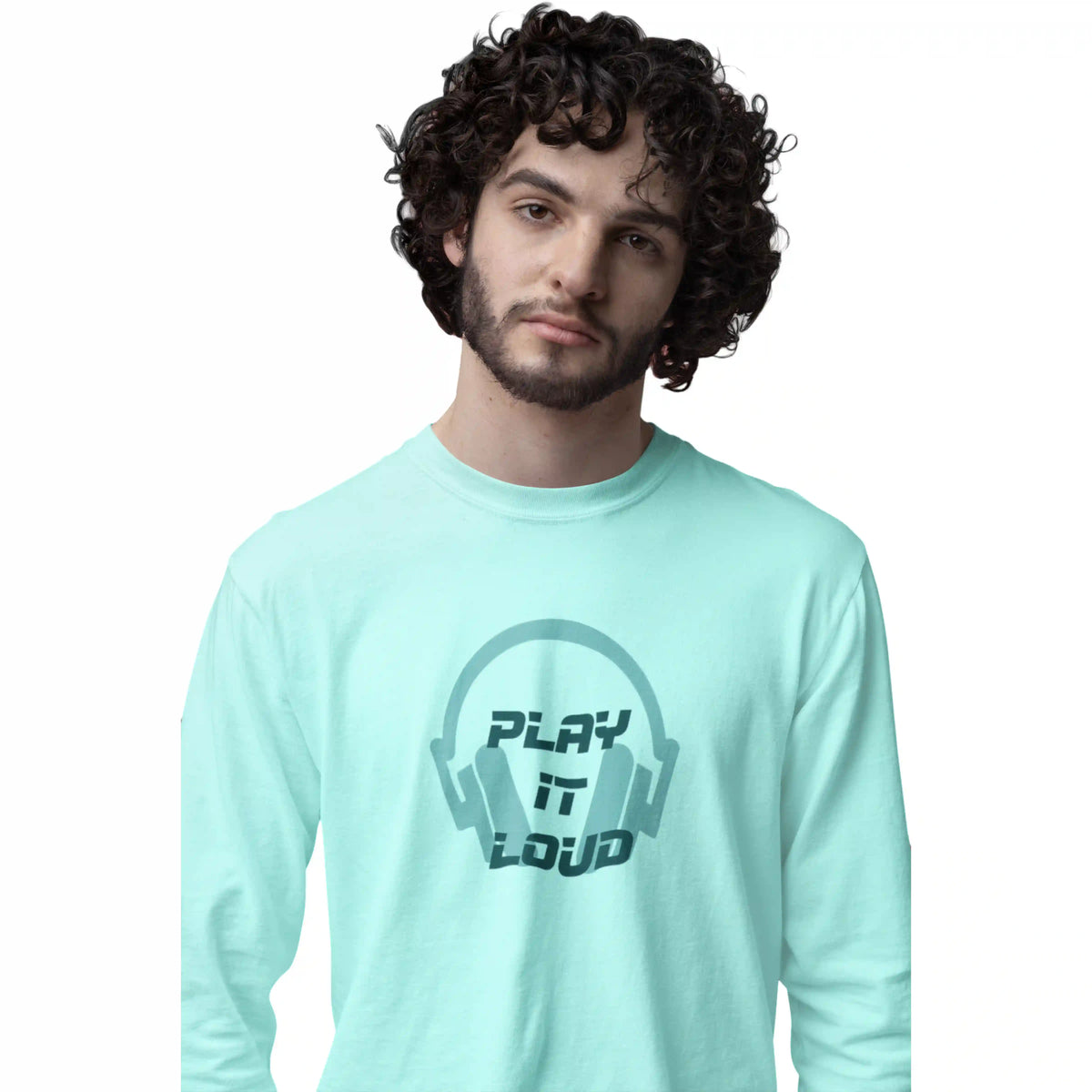 Person wearing a light blue t-shirt with 'Play It Loud' design on a white background