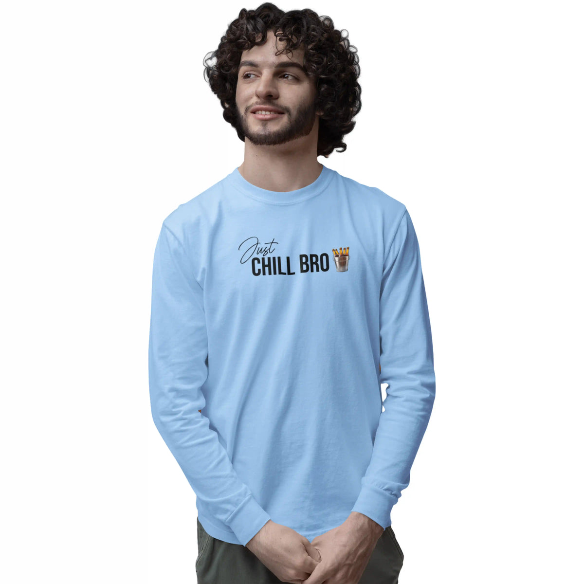 Man wearing a light blue long-sleeve shirt with text on a white background