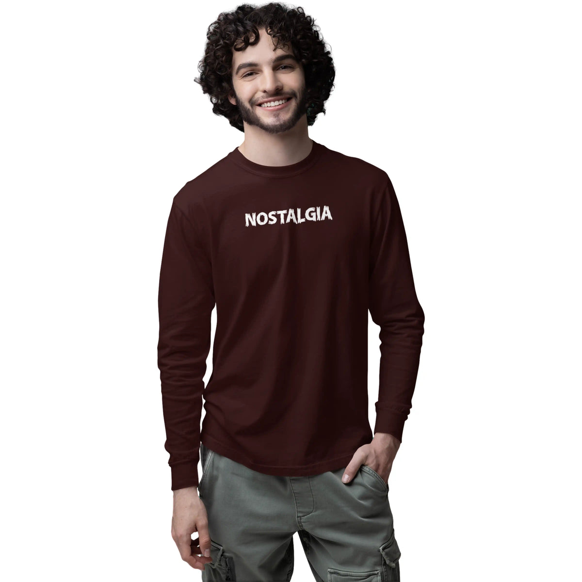 Man wearing a brown long-sleeve shirt with 'FREEDOM' and eagle design on a white background