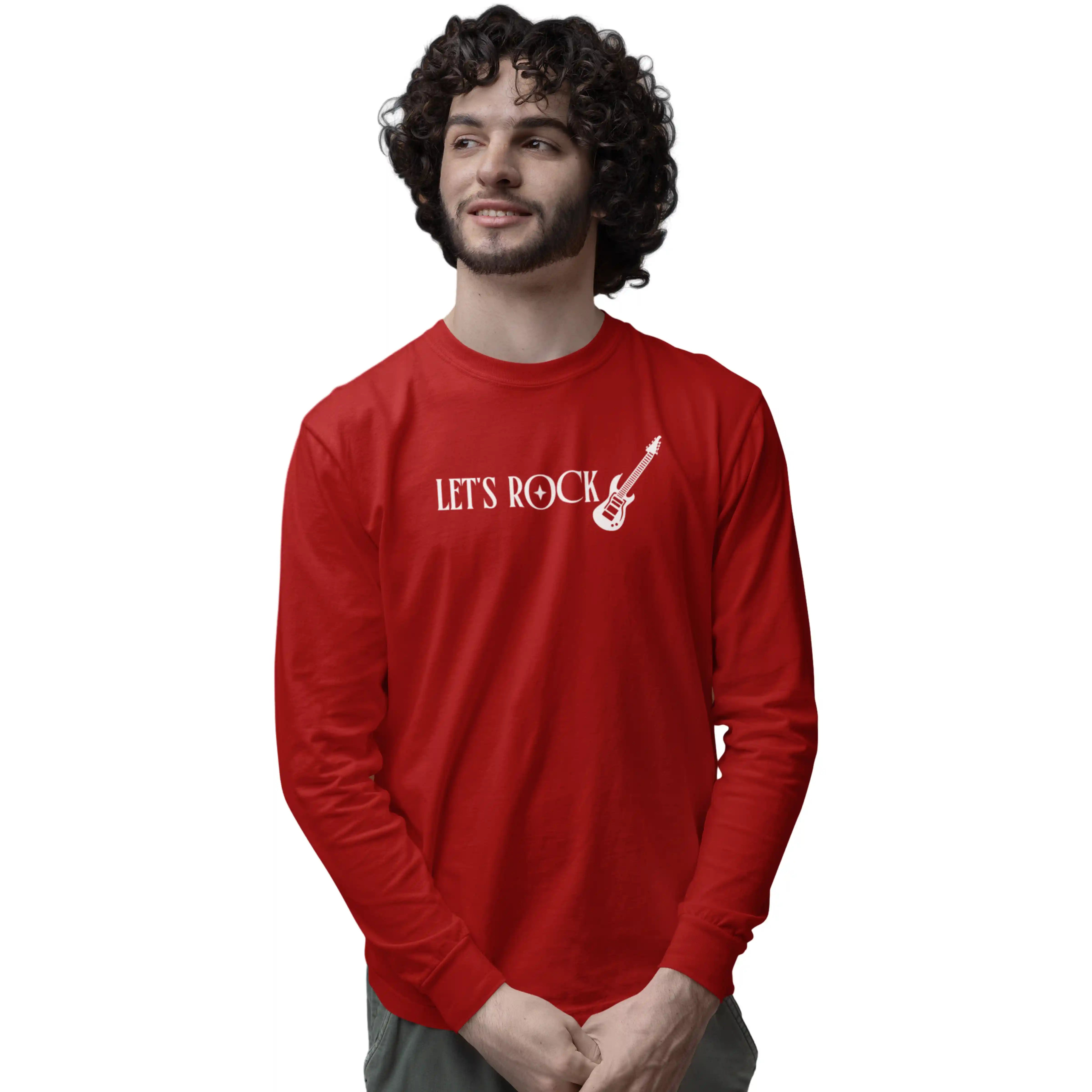 Man wearing a red long-sleeve shirt with 'Let's Rock' and a guitar graphic on a white background