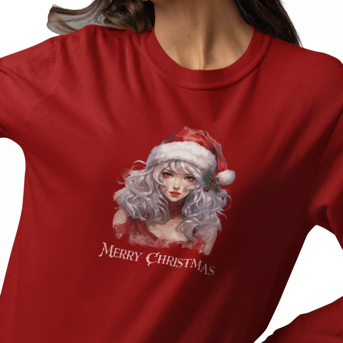 Red t-shirt with a Christmas-themed graphic of a person wearing a Santa hat and 'Merry Christmas' text.