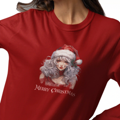 Red t-shirt with a Christmas-themed graphic of a person wearing a Santa hat and 'Merry Christmas' text.