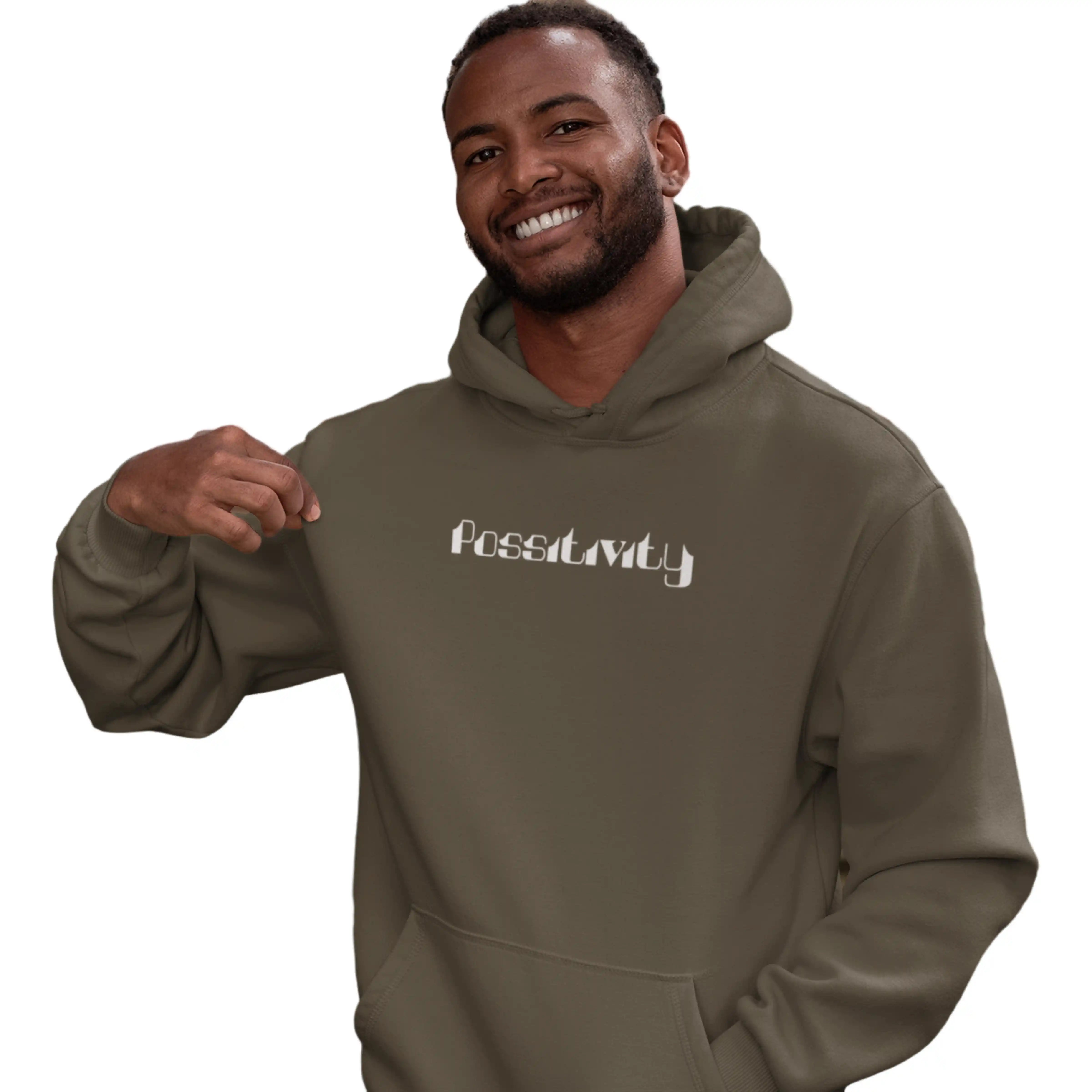 Man wearing a brown hoodie with 'Positivity' text on a white background
