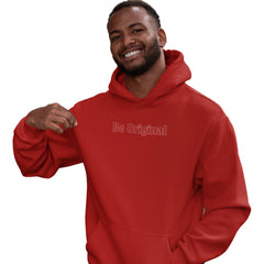 Man wearing a red hoodie with 'Be Original' text on a white background