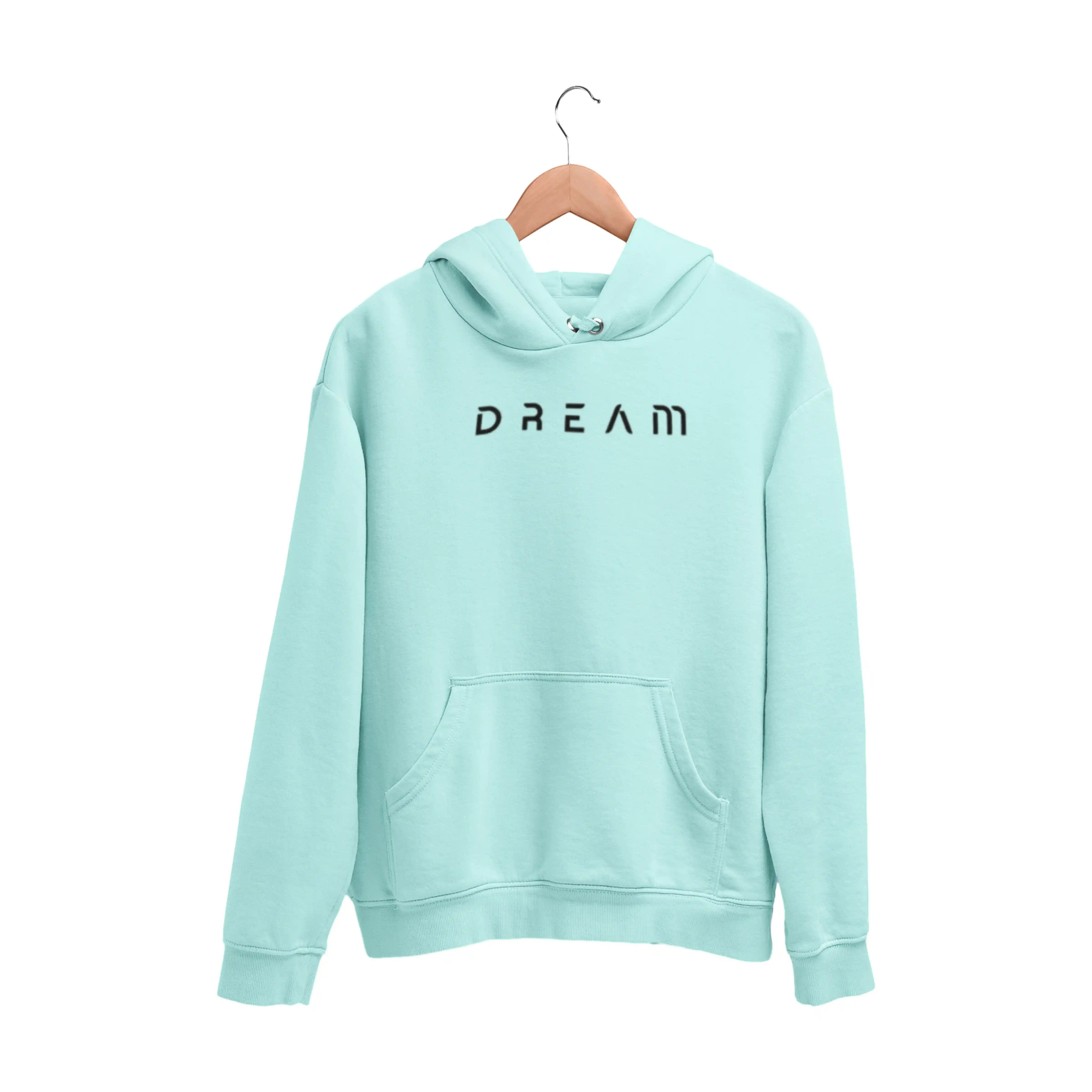 Mint green hoodie with 'DREAM' text on a hanger against a white background