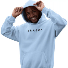 Person wearing a light blue hoodie with 'DRAGON' text on a white background