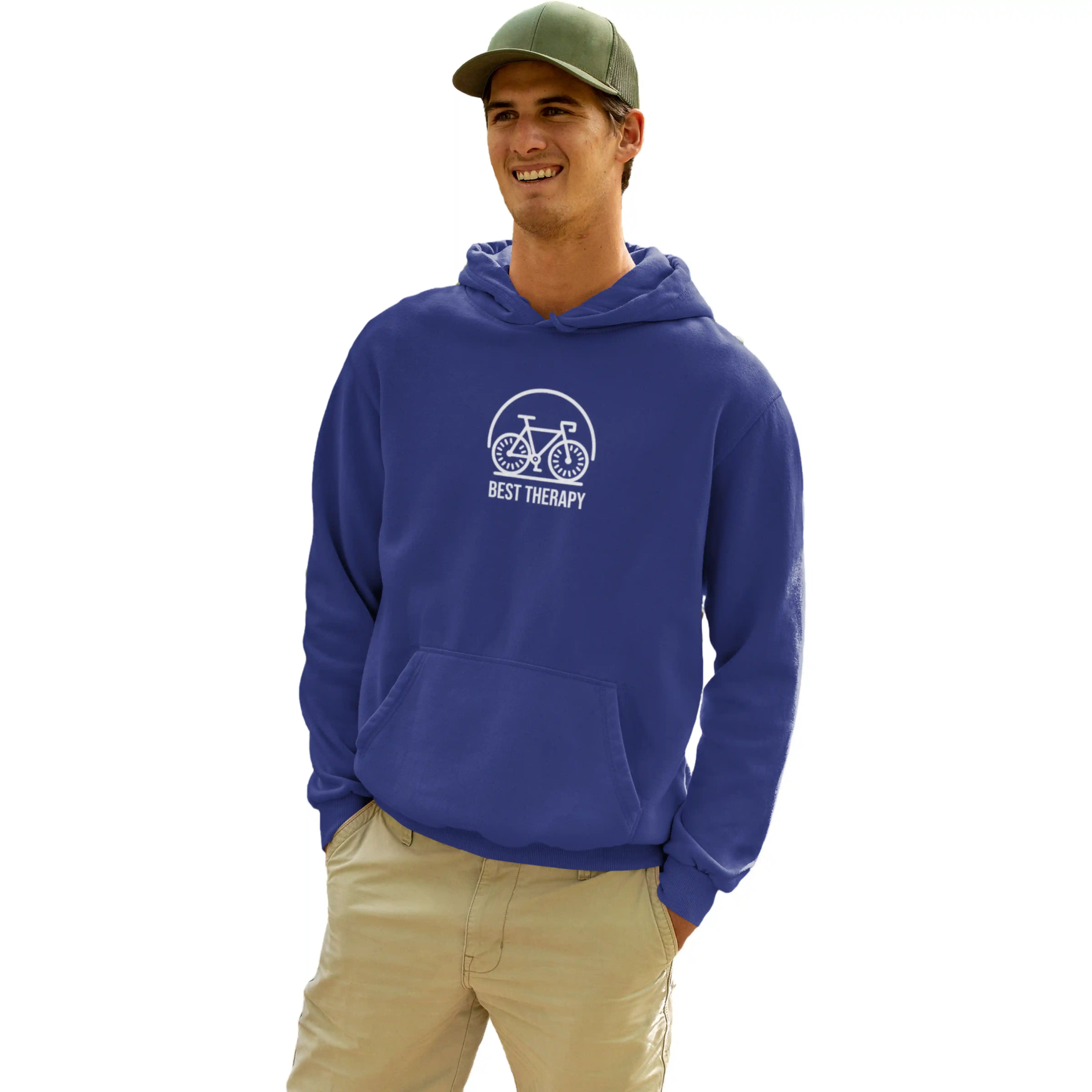 Man wearing a blue hoodie with a bicycle graphic and text on a white background