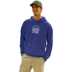 Man wearing a blue hoodie with a bicycle graphic and text on a white background
